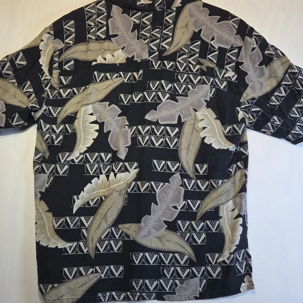 Modern Images XL 100% Silk Hawaiian Camp Shirt Black Beige Tropical Leaf Aloha